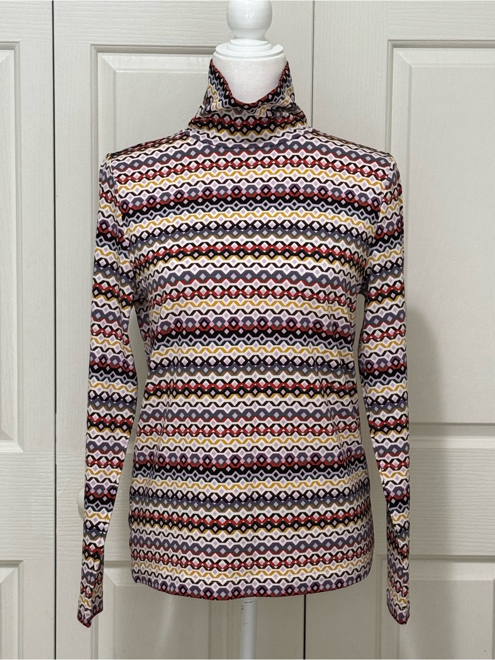 LOFT Geometric Diamond Zigzag Turtleneck Top Large Multicolor Cotton Modal NWOT